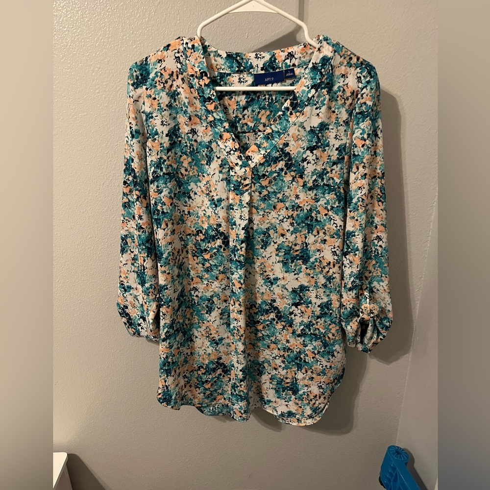 Apt. 9 Teal and Peach Patterned Top